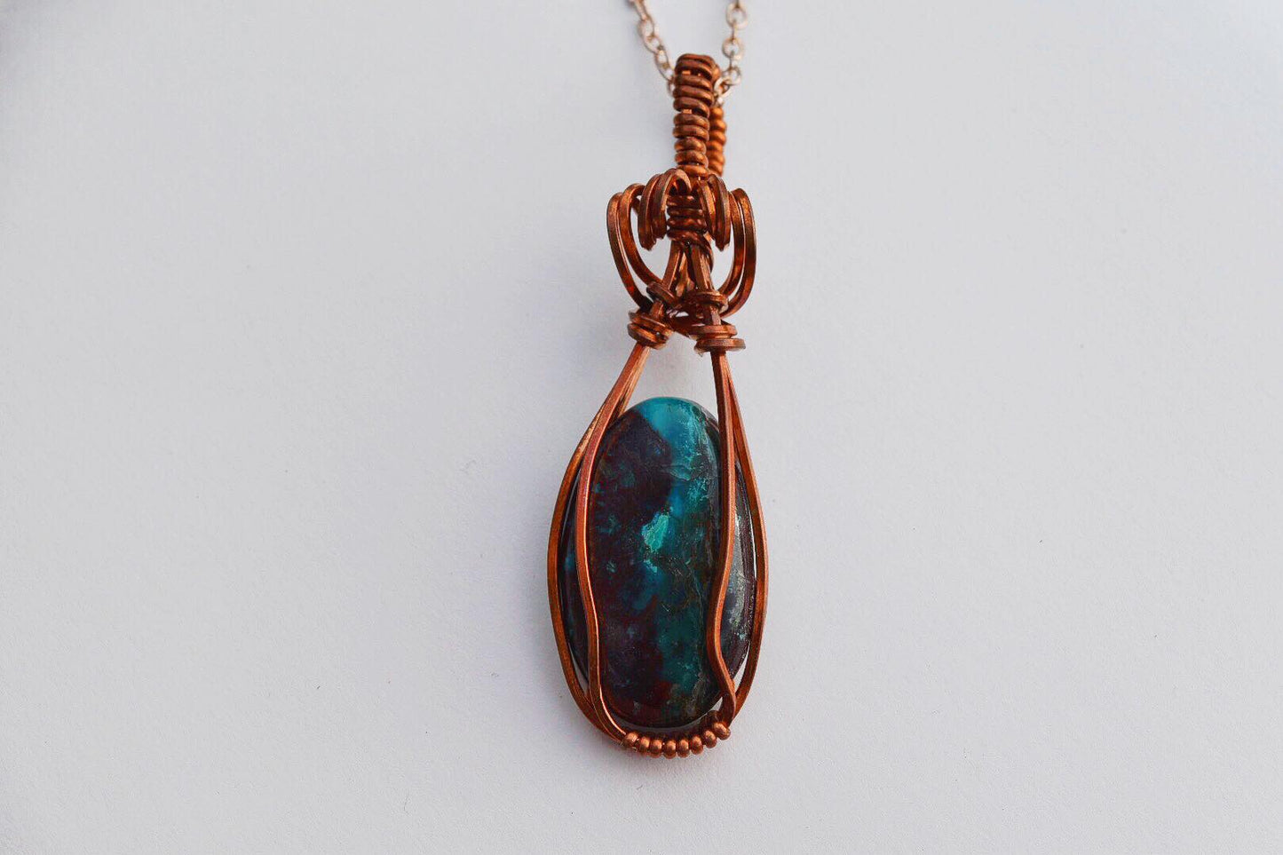 Chrysocolla Parrot Wing Wrapped in Copper Wire Pendant