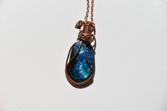 Shattuckite and Chrysocolla Wrapped in Copper Wire Pendant