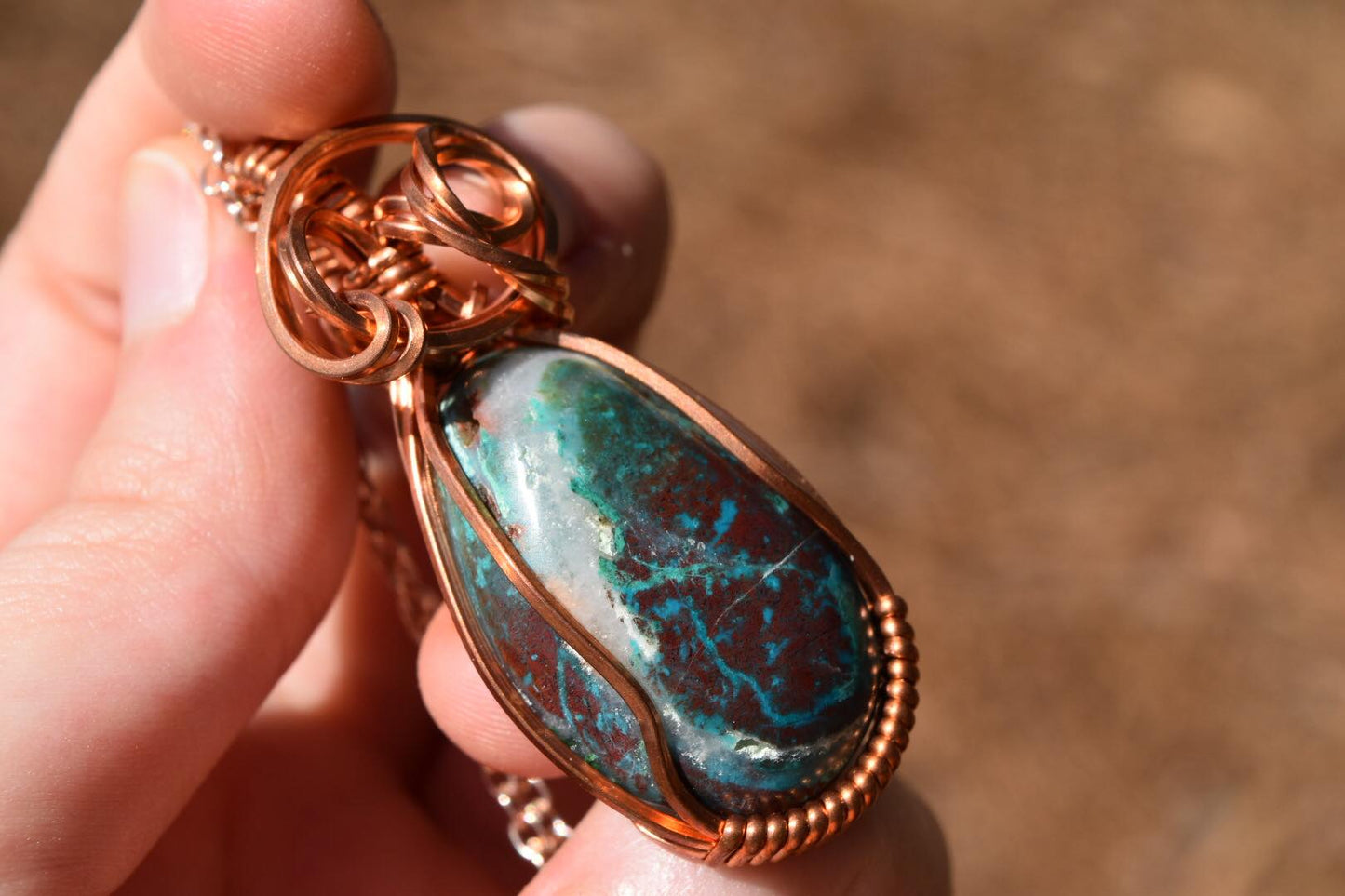 Chrysocolla Parrot Wing Wrapped in Copper Wire Pendant