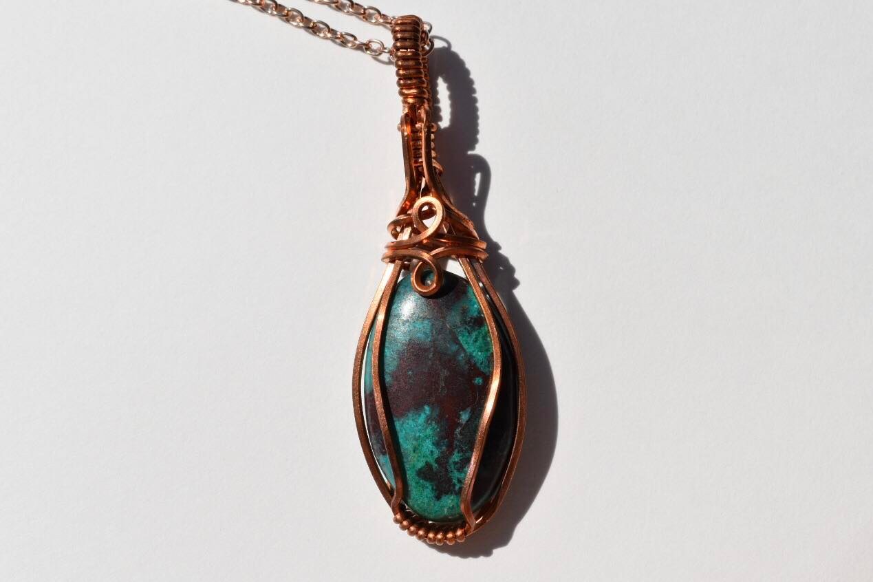 Chrysocolla Wrapped in Copper Wire Pendant