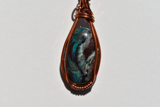 Chrysocolla Parrot Wing Wrapped in Copper Wire Pendant