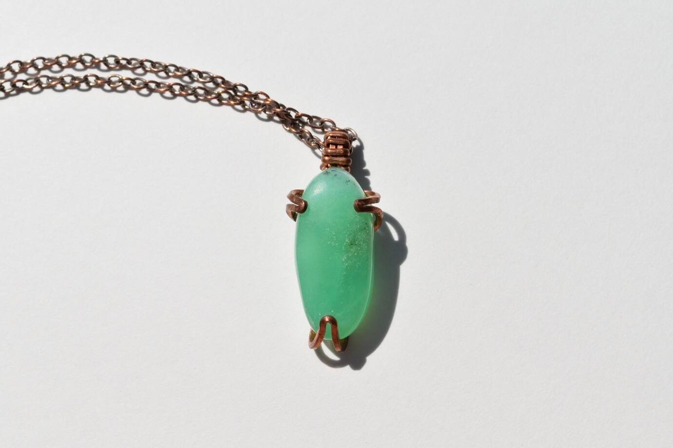 Lime Chrysoprase Wrapped in Copper Wire Pendant